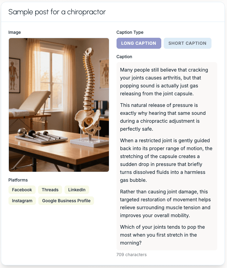 Sample social media post created by Glow Social for a chiropractor