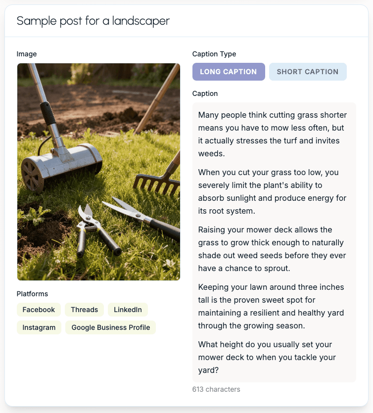 Sample social media post created by Glow Social for a landscaping business