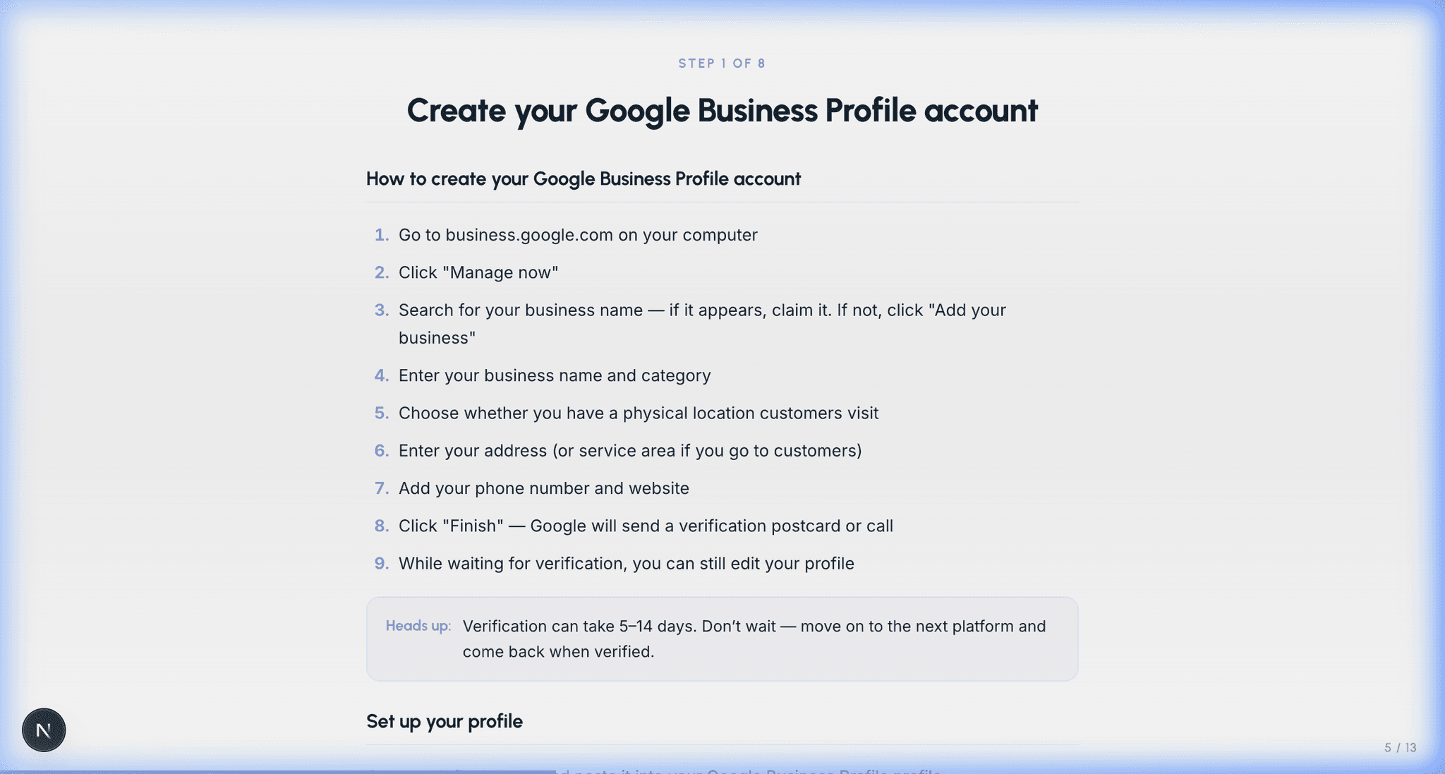 Glow Social setup kit showing Google Business Profile guidance