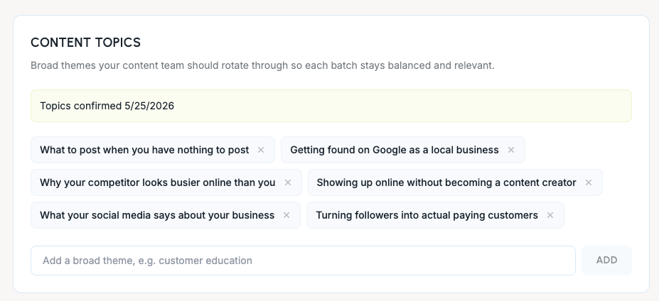 Glow Social content topics generated for a business