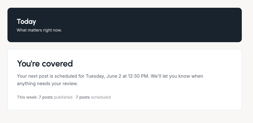 Glow Social dashboard all caught up state with next scheduled post
