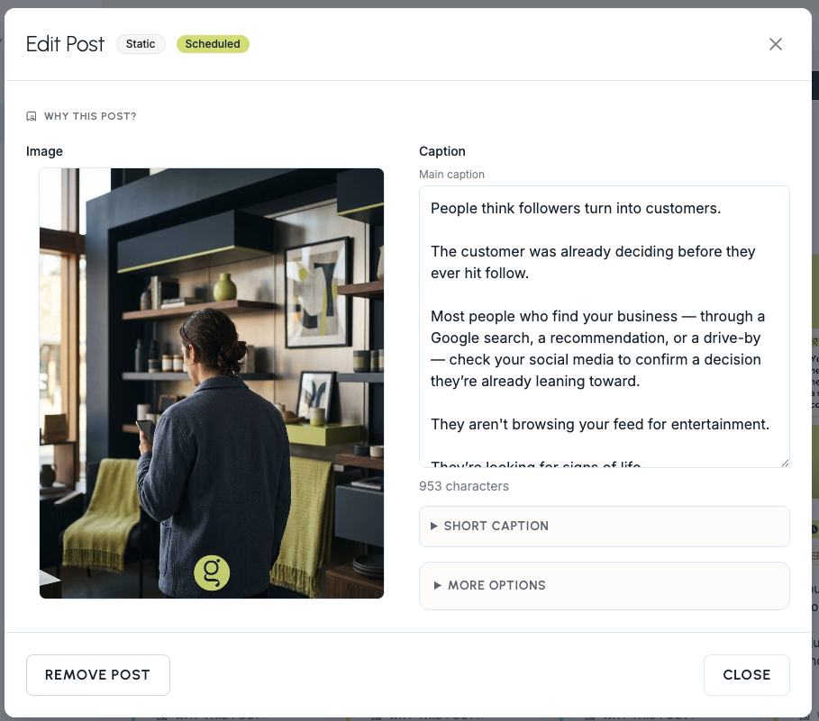 Glow Social edit post modal with image and caption fields