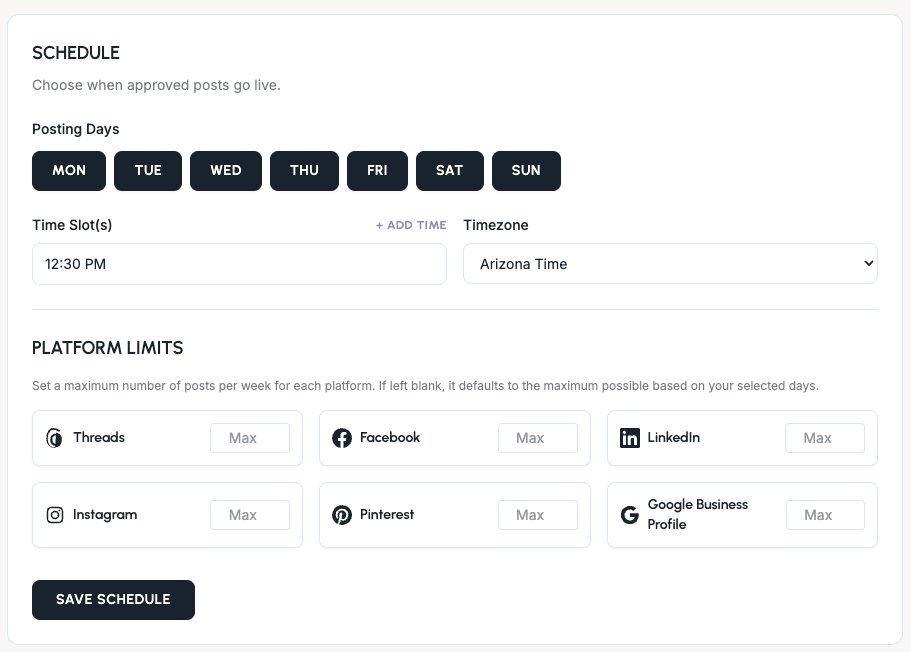 Glow Social schedule settings with posting days, time slots, timezone, and platform limits