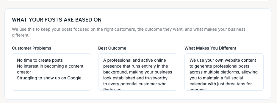 Glow Social strategy fields for customer problems, best outcome, and differentiators